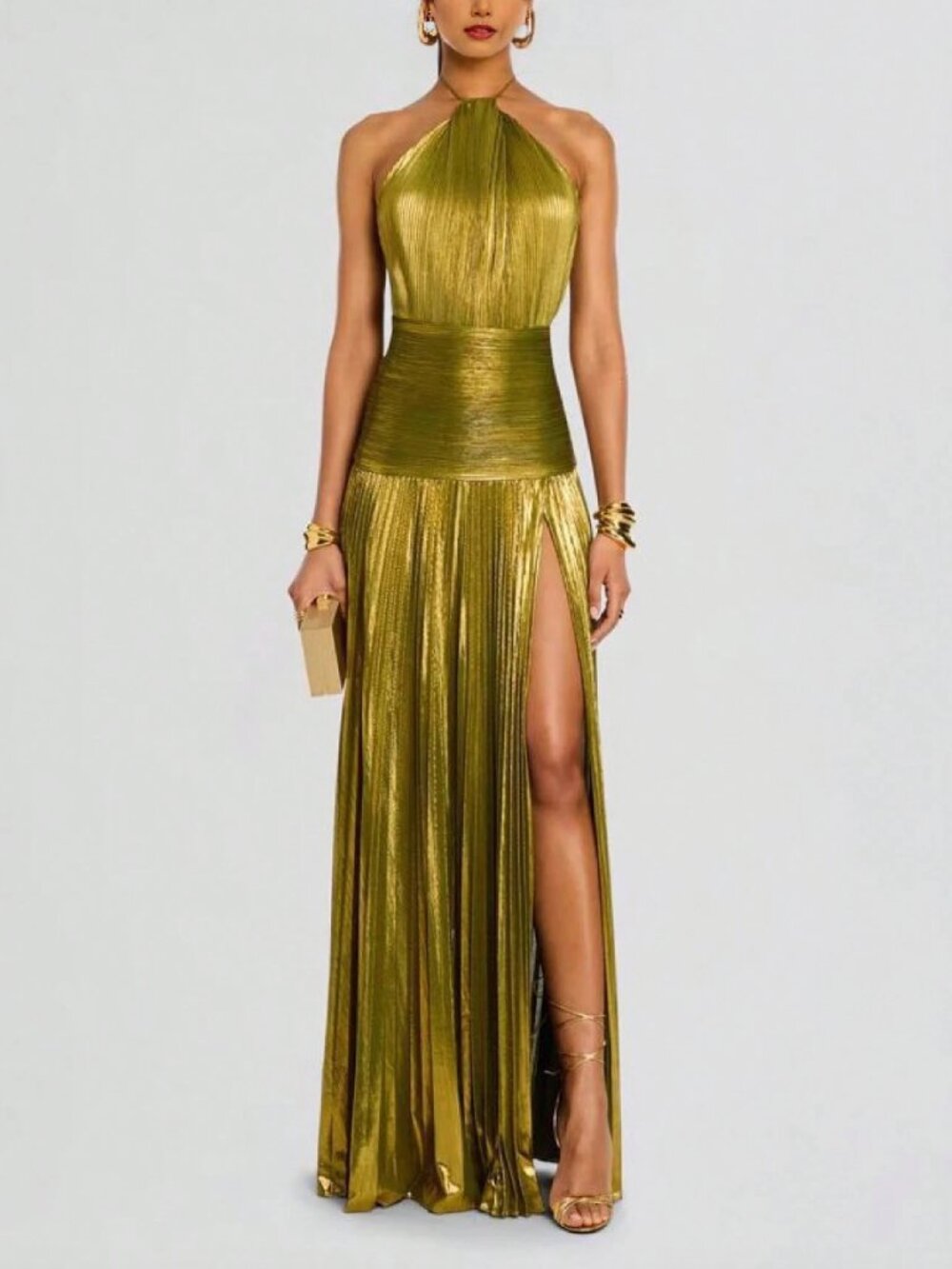 Metallic Pleated Halter Maxi Dress Ruched Waist With Front Slit
